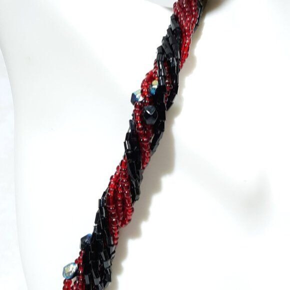 Black Red Seed Bead Necklace 8 Multi Strand Festival Classic - Picture 6 of 8